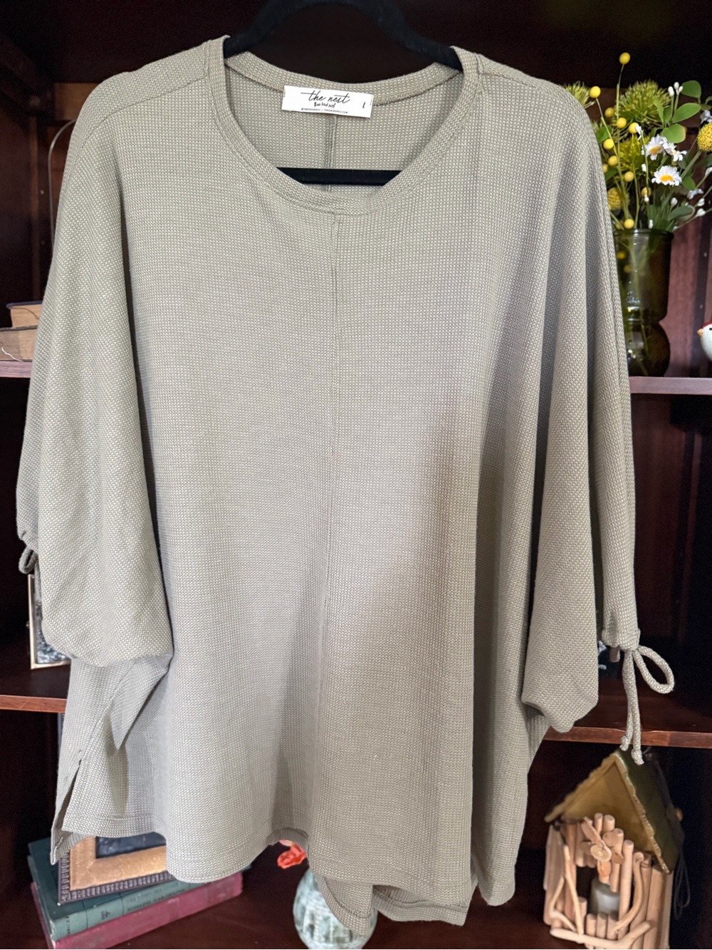 The Nest Olive Green Waffle-Knit Tunic with Tie Sleeves